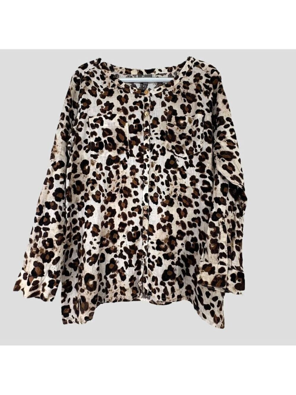 Women’s Sz.8 100 % Linen Safari Top Leo Print Mob Wife Resort Boho